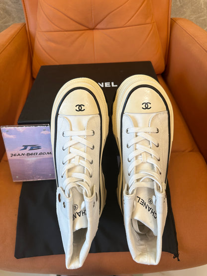 Chanel High Top Platform Sneakers White Canvas Shoes