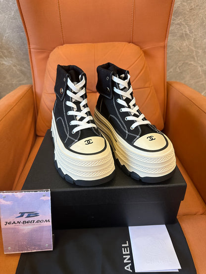 Chanel High Top Platform Sneakers Black Canvas Shoes