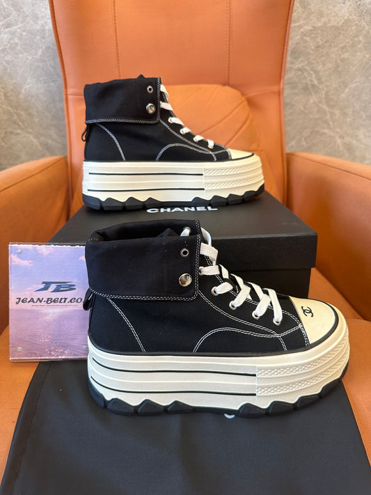 Chanel High Top Platform Sneakers Black Canvas Shoes