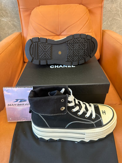 Chanel High Top Platform Sneakers Black Canvas Shoes