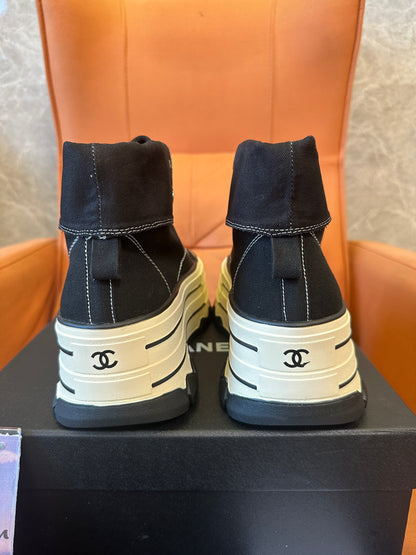 Chanel High Top Platform Sneakers Black Canvas Shoes