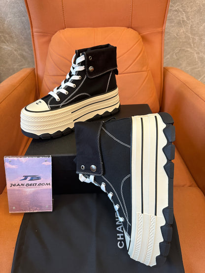 Chanel High Top Platform Sneakers Black Canvas Shoes
