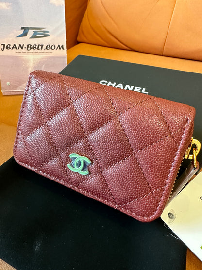 Chanel Quilted Burgundy Caviar Leather Zipped Coin Purse