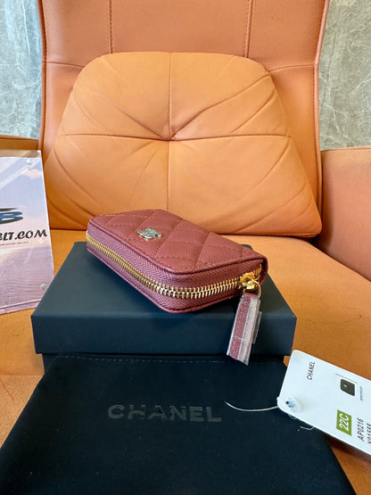Chanel Quilted Burgundy Caviar Leather Zipped Coin Purse