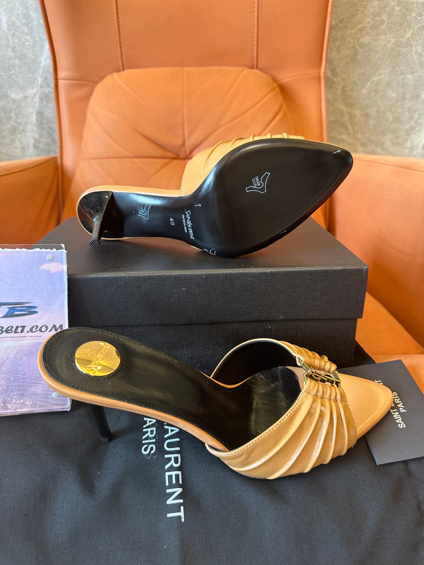 Saint Laurent YSL Tribute Style Leather Mule Heels Gold
