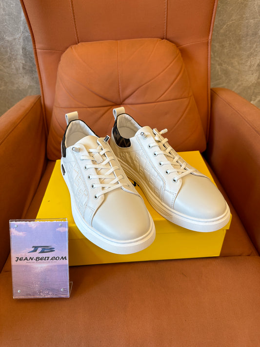 Fendi FF Logo Embossed Leather Sneakers White