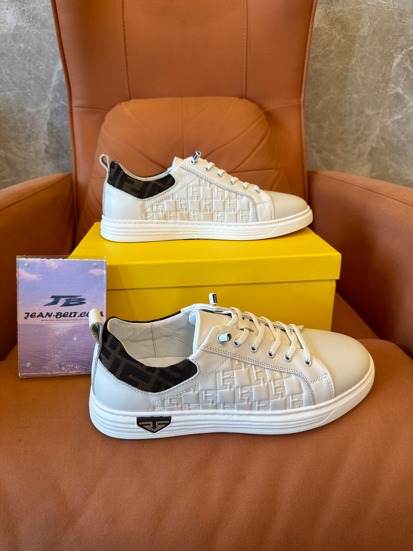 Fendi FF Logo Embossed Leather Sneakers White
