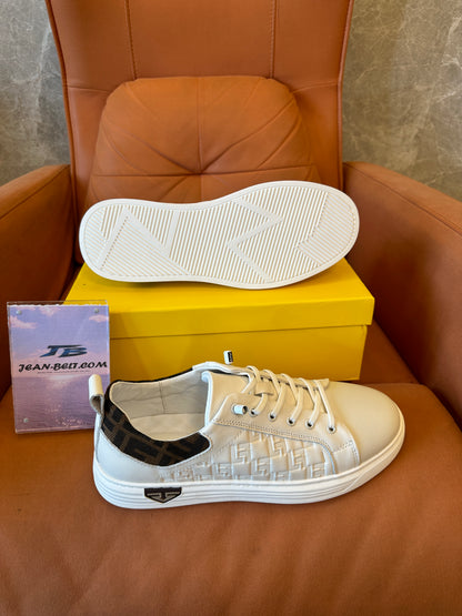 Fendi FF Logo Embossed Leather Sneakers White