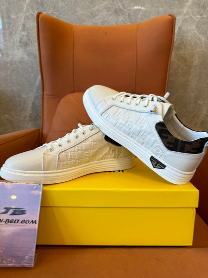 Fendi FF Logo Embossed Leather Sneakers White