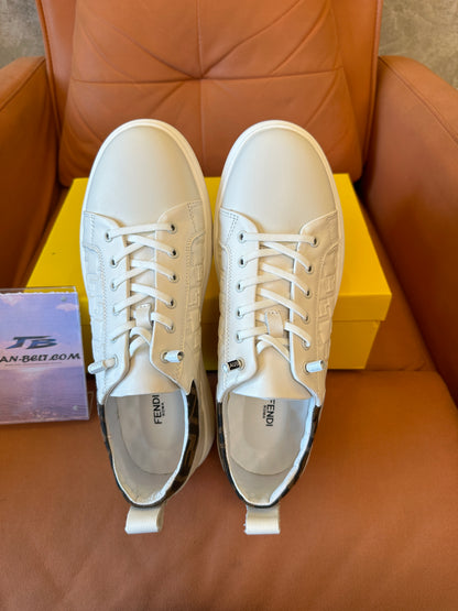 Fendi FF Logo Embossed Leather Sneakers White