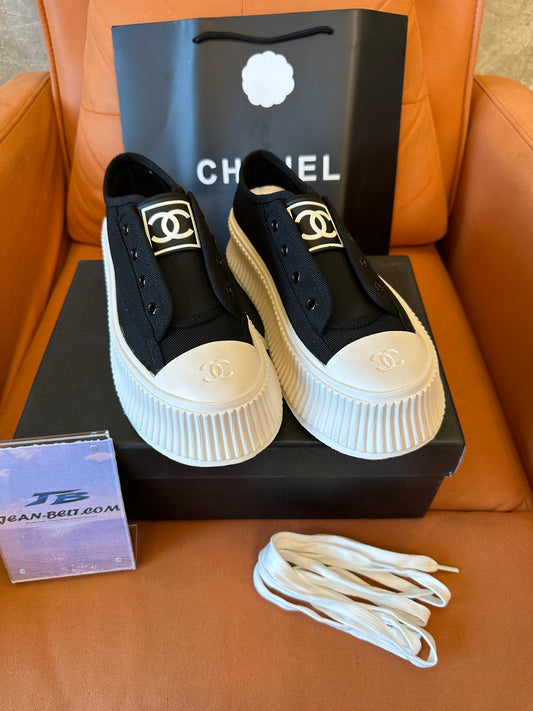 Chanel CC Logo Black White Platform Sneakers