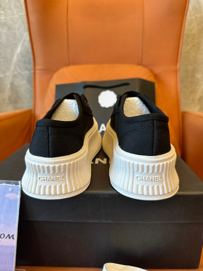 Chanel CC Logo Black White Platform Sneakers