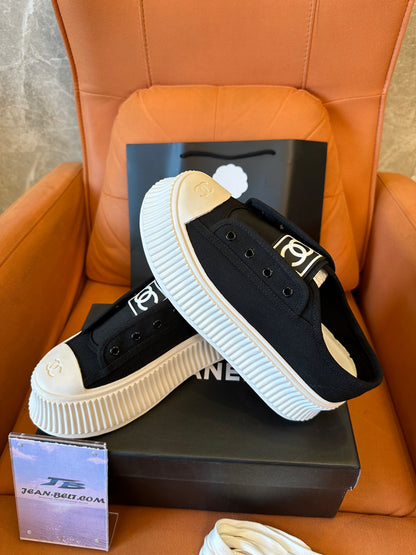 Chanel CC Logo Black White Platform Sneakers