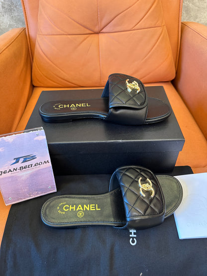 Chanel CC Logo Quilted Black Slide Sandals