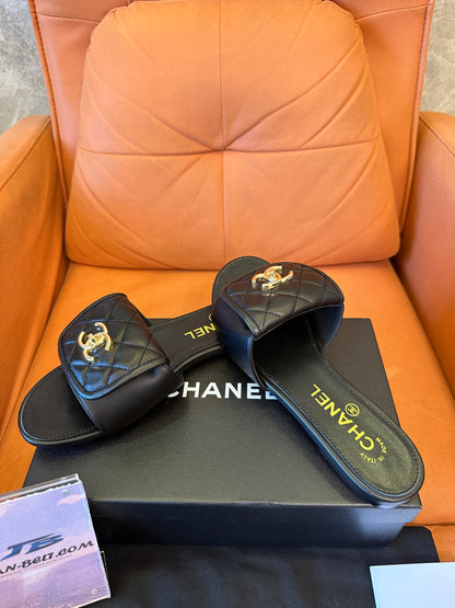 Chanel CC Logo Quilted Black Slide Sandals