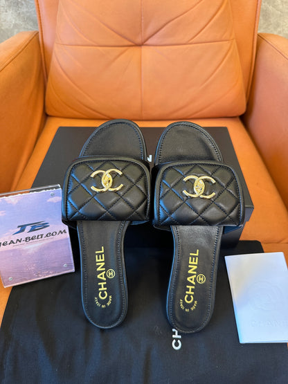 Chanel CC Logo Quilted Black Slide Sandals