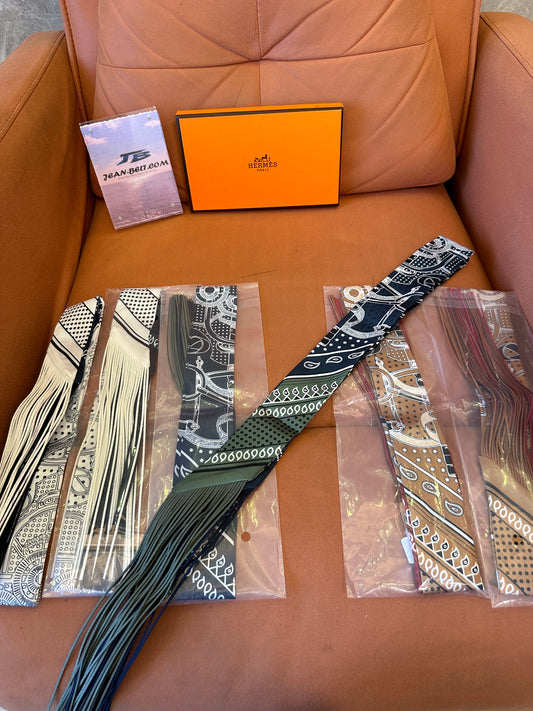 Hermès Silk Twilly Scarf – Chain Pattern Printed Ribbon Accessory
