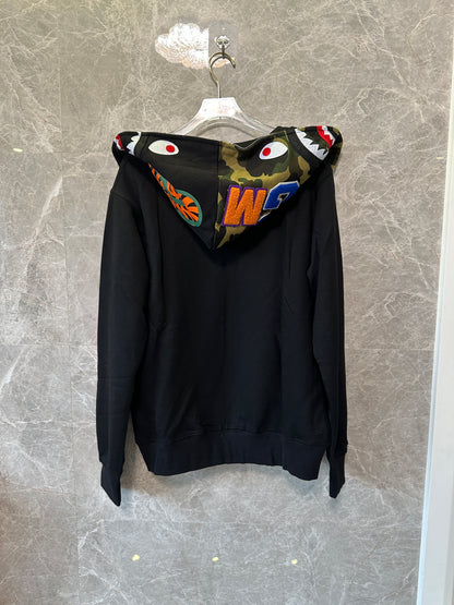 BAPE Shark Full Zip Hoodie Black with Camo Hood WGM Embroidery