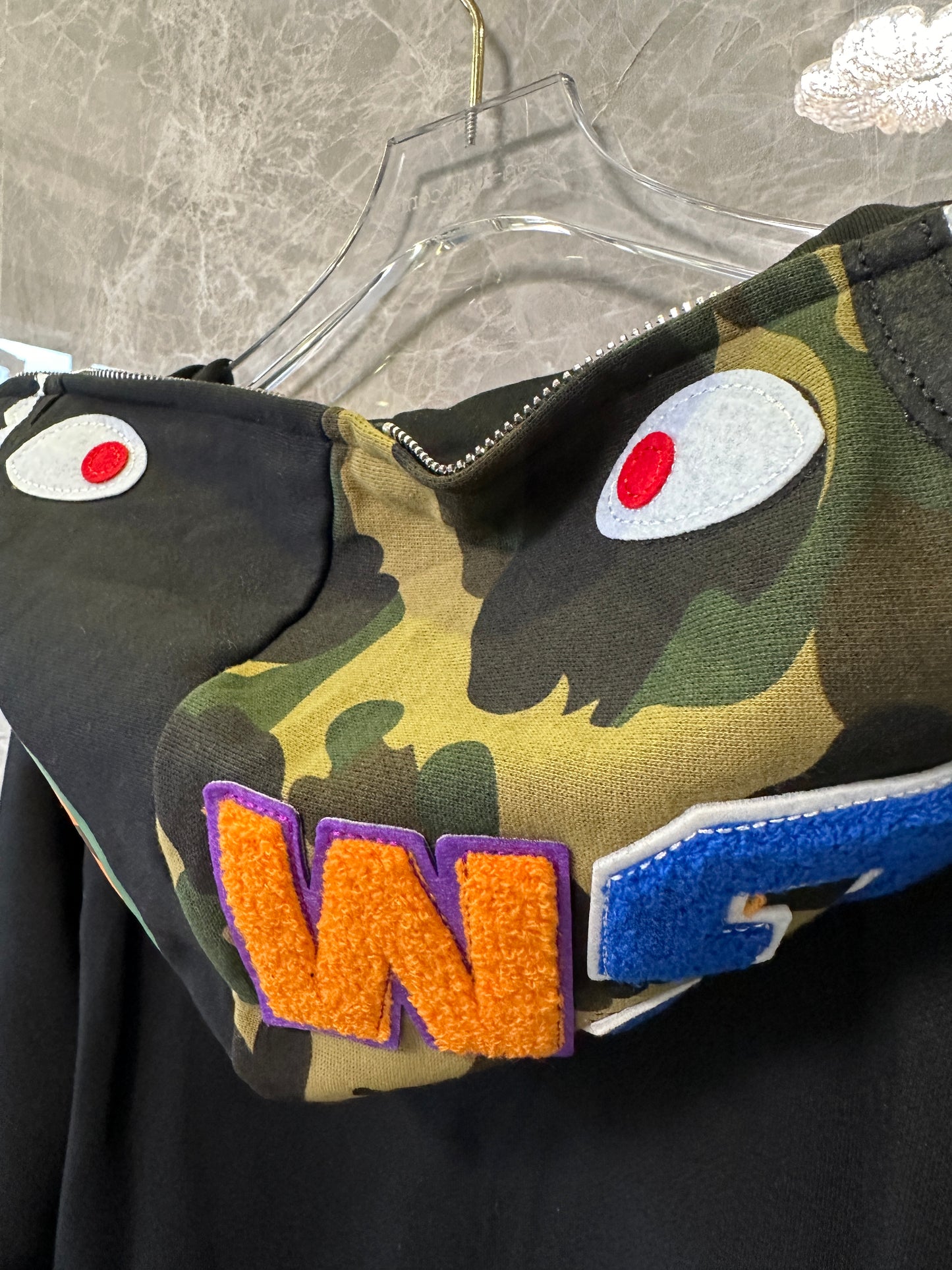 BAPE Shark Full Zip Hoodie Black with Camo Hood WGM Embroidery