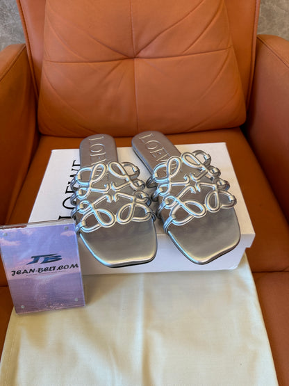 Loewe Metallic Silver Anagram Slide Sandals