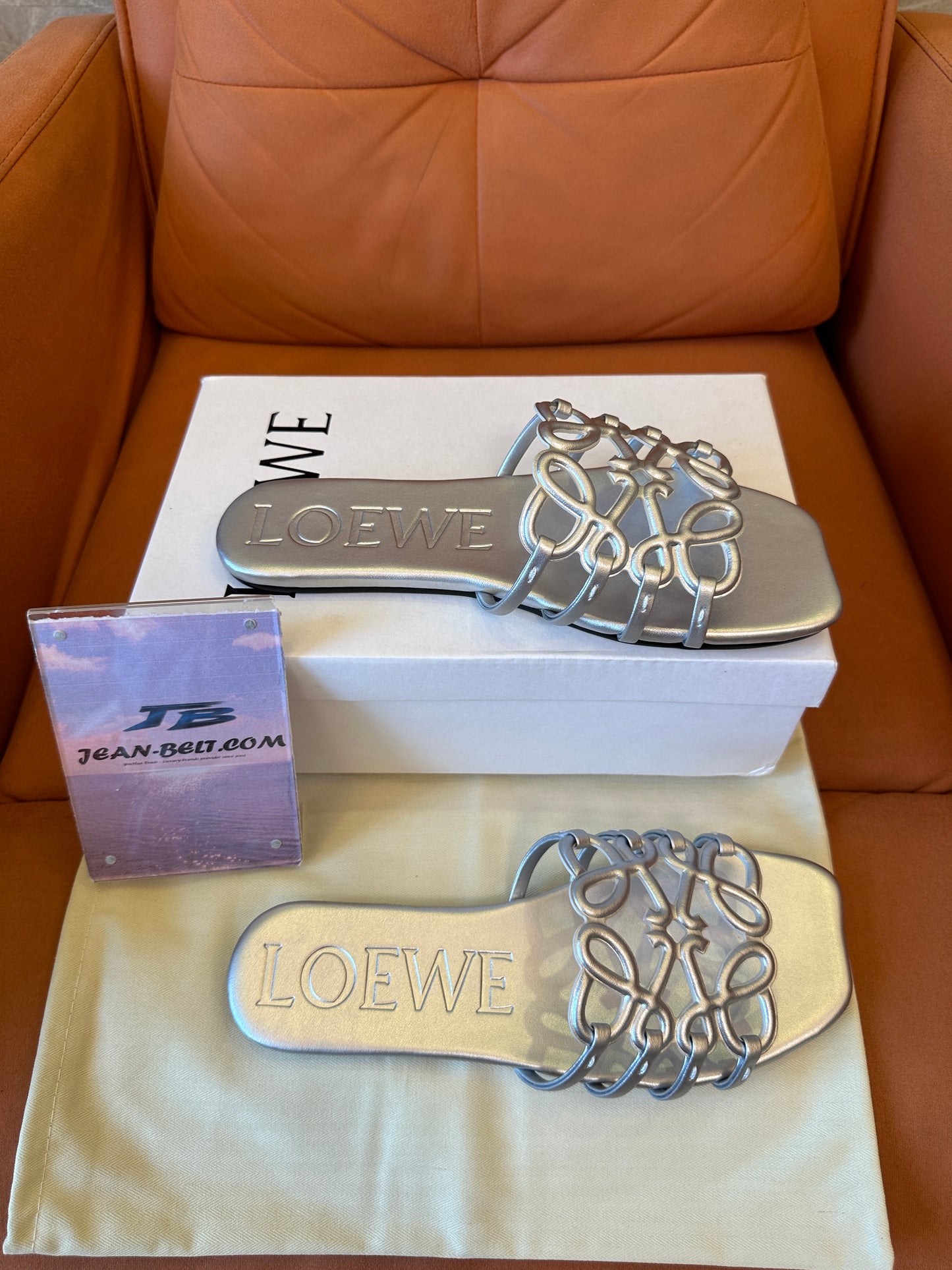 Loewe Metallic Silver Anagram Slide Sandals