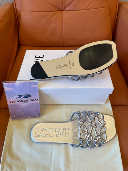 Loewe Metallic Silver Anagram Slide Sandals