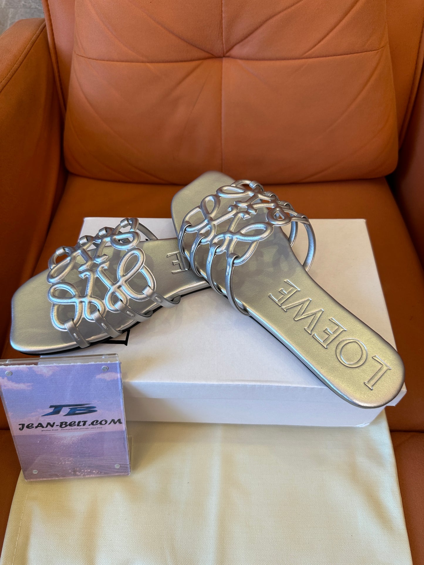 Loewe Metallic Silver Anagram Slide Sandals