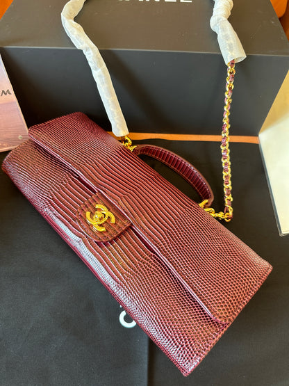 [AAA quality]Chanel Lizard Embossed Mini Top Handle Chain Clutch Bag Burgundy