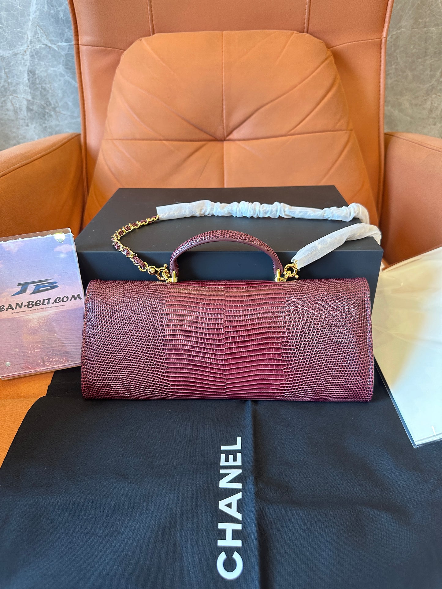 [AAA quality]Chanel Lizard Embossed Mini Top Handle Chain Clutch Bag Burgundy