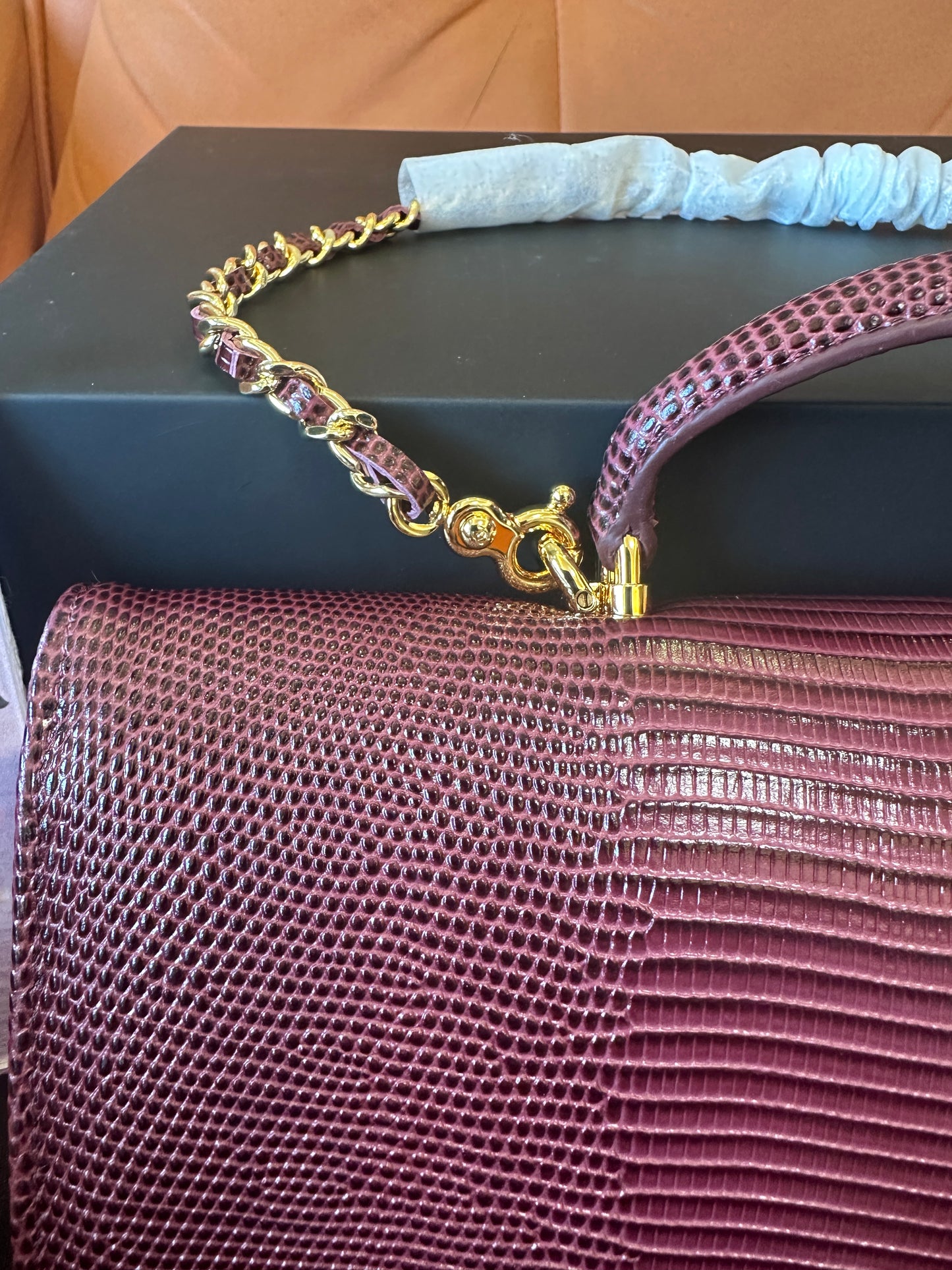 [AAA quality]Chanel Lizard Embossed Mini Top Handle Chain Clutch Bag Burgundy