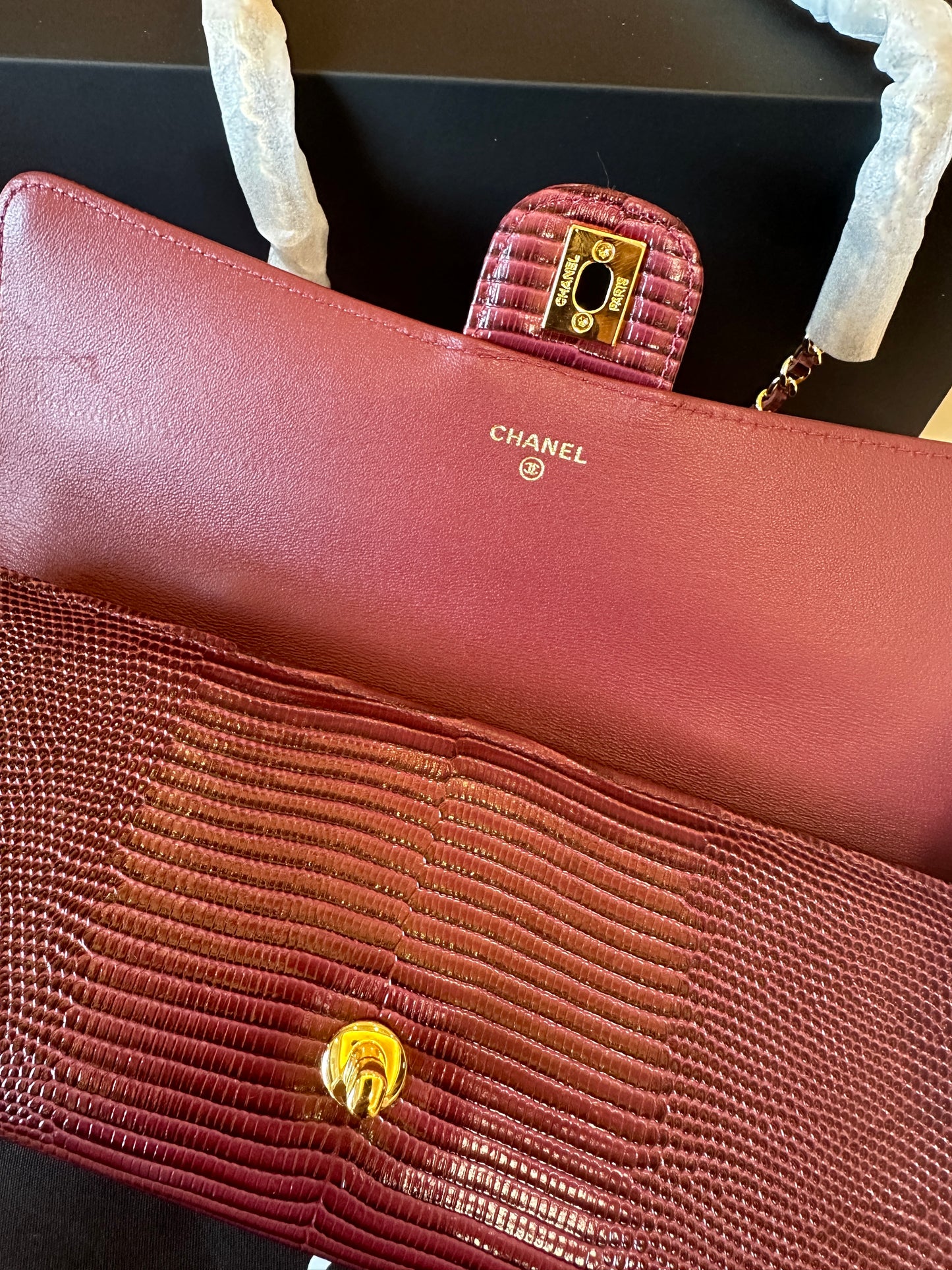 [AAA quality]Chanel Lizard Embossed Mini Top Handle Chain Clutch Bag Burgundy