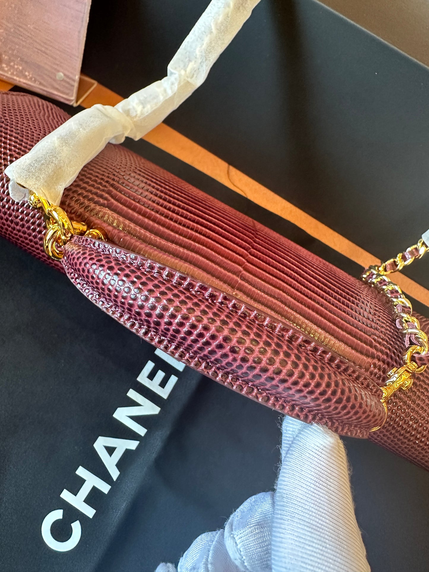 [AAA quality]Chanel Lizard Embossed Mini Top Handle Chain Clutch Bag Burgundy