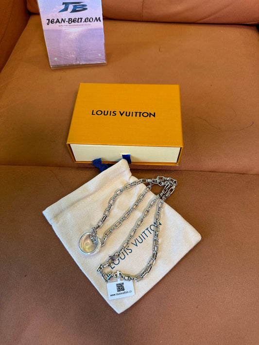 Louis Vuitton Silver Monogram Chain Necklace with Ring Pendant