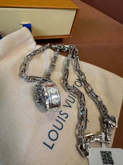 Louis Vuitton Silver Monogram Chain Necklace with Ring Pendant