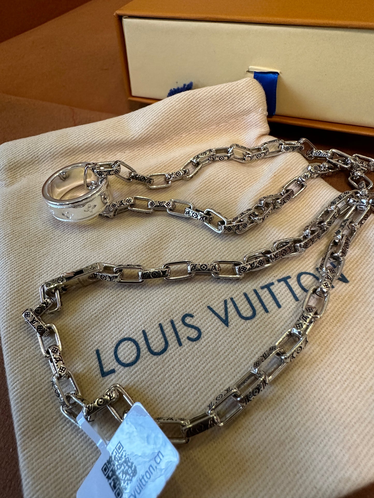 Louis Vuitton Silver Monogram Chain Necklace with Ring Pendant