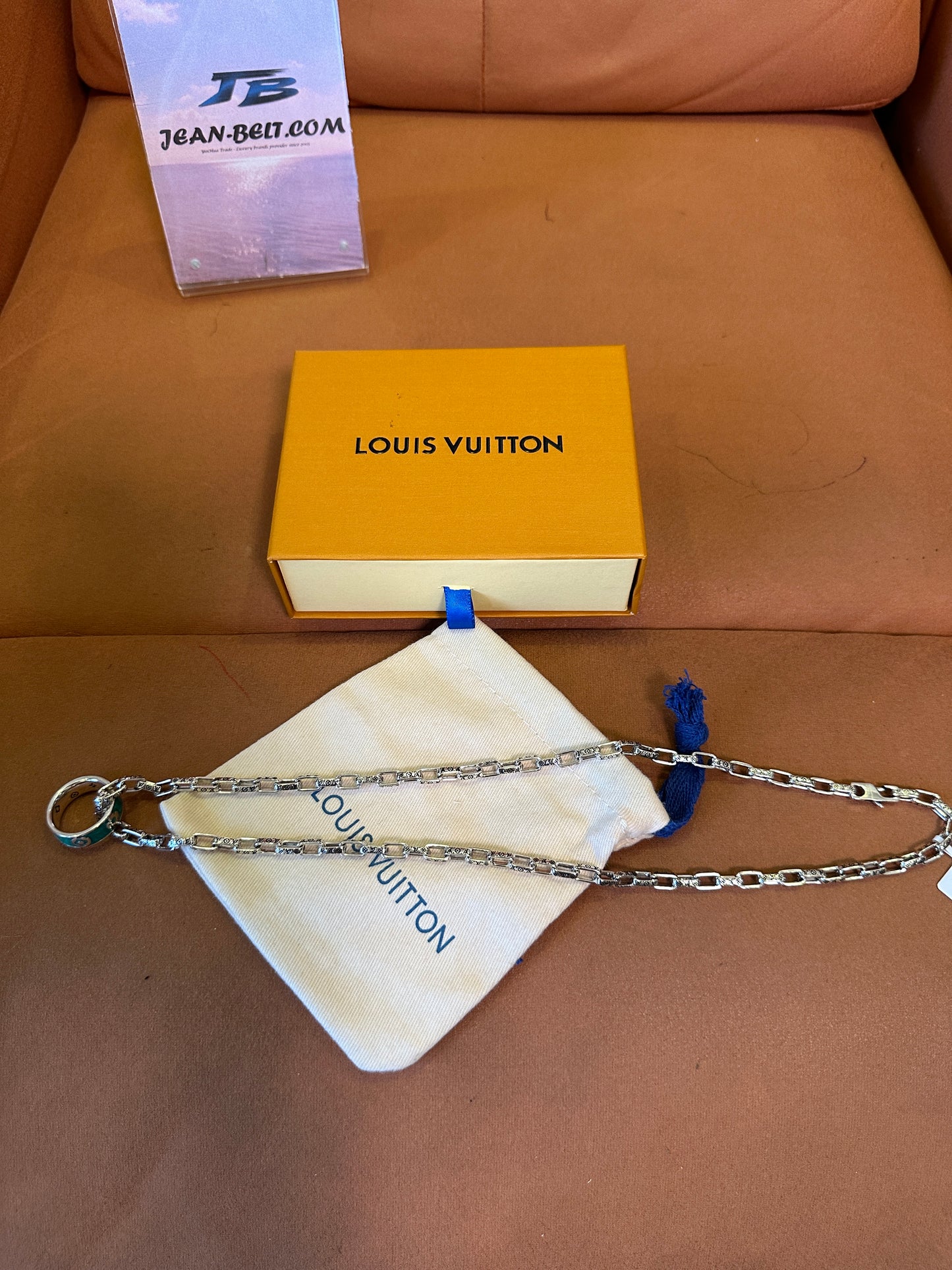 Louis Vuitton Silver Monogram Chain Necklace with Green Enamel Ring