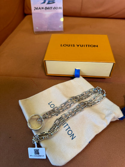 Louis Vuitton Silver Monogram Chain Necklace with Green Enamel Ring