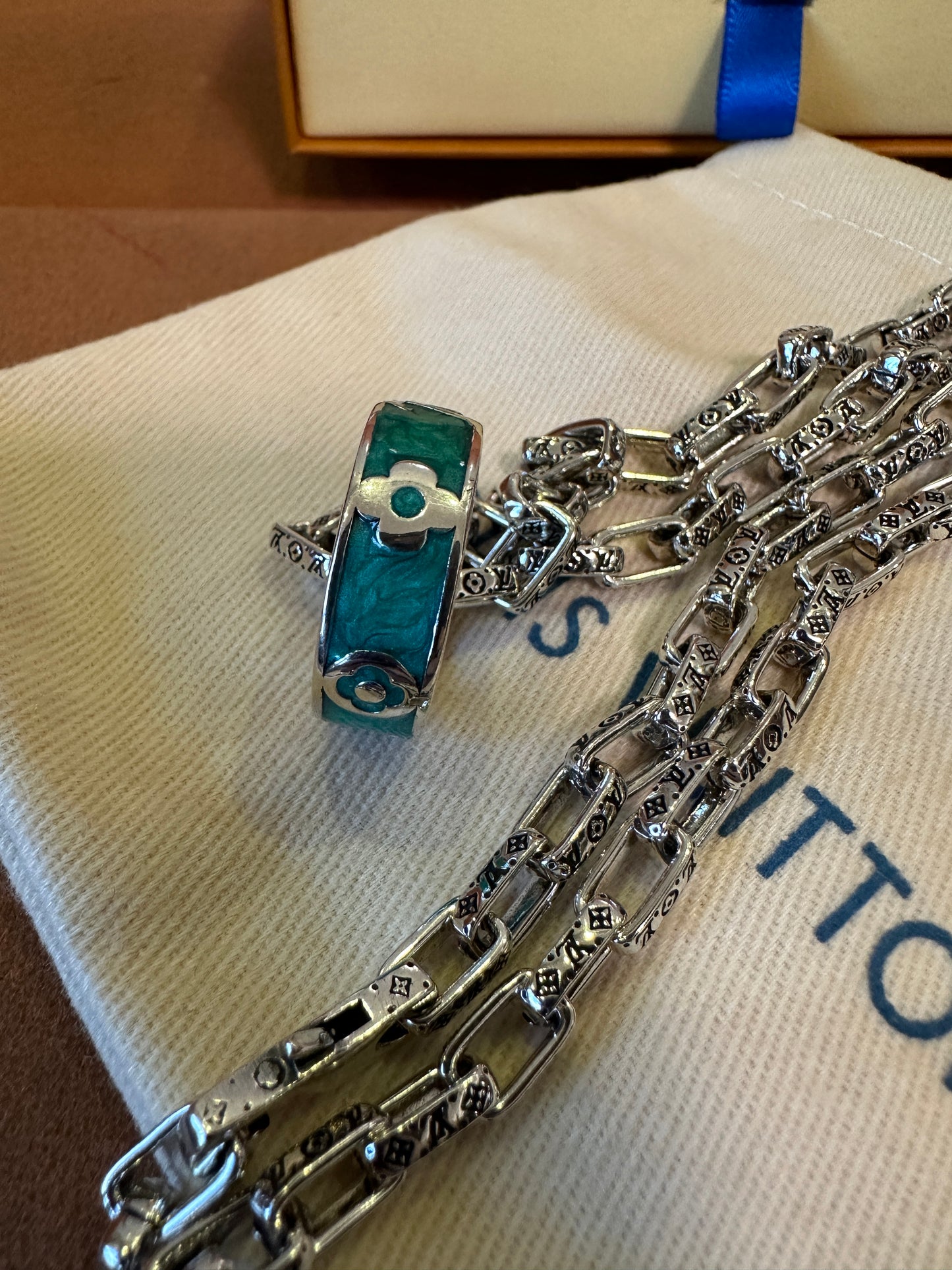 Louis Vuitton Silver Monogram Chain Necklace with Green Enamel Ring