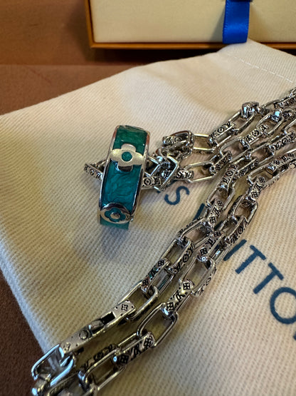 Louis Vuitton Silver Monogram Chain Necklace with Green Enamel Ring