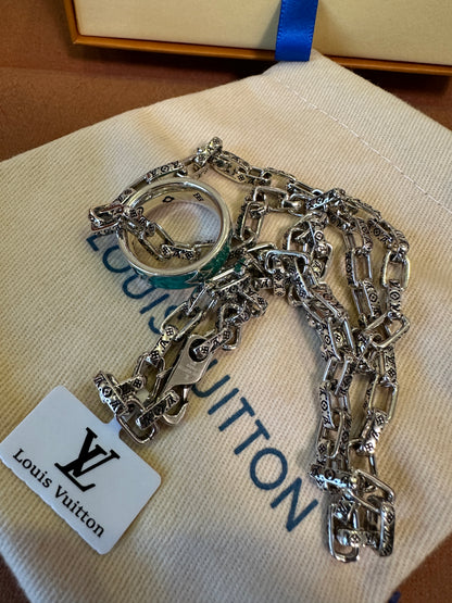 Louis Vuitton Silver Monogram Chain Necklace with Green Enamel Ring