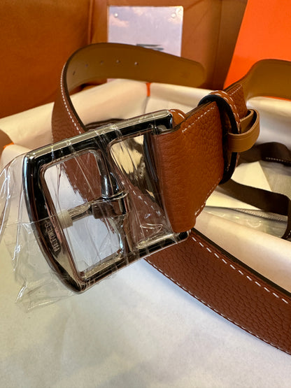 Hermes Leather Belt with Silver Buckle – Classic Reversible Design