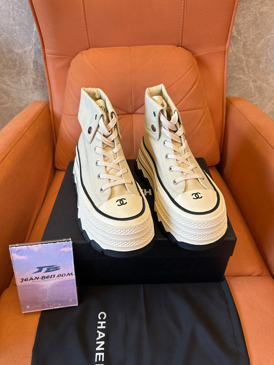 Chanel High Top Platform Sneakers Beige Canvas Shoes