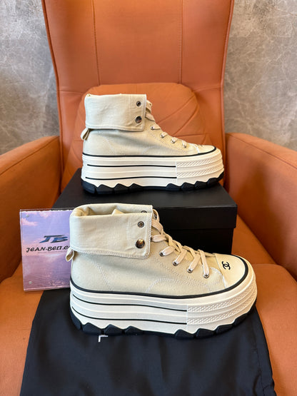 Chanel High Top Platform Sneakers Beige Canvas Shoes