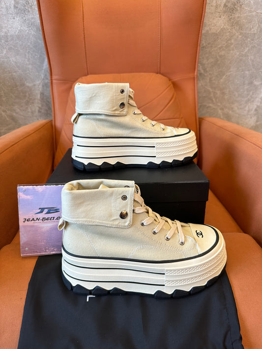 Chanel High Top Platform Sneakers Beige Canvas Shoes