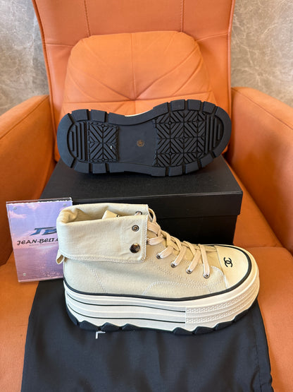 Chanel High Top Platform Sneakers Beige Canvas Shoes