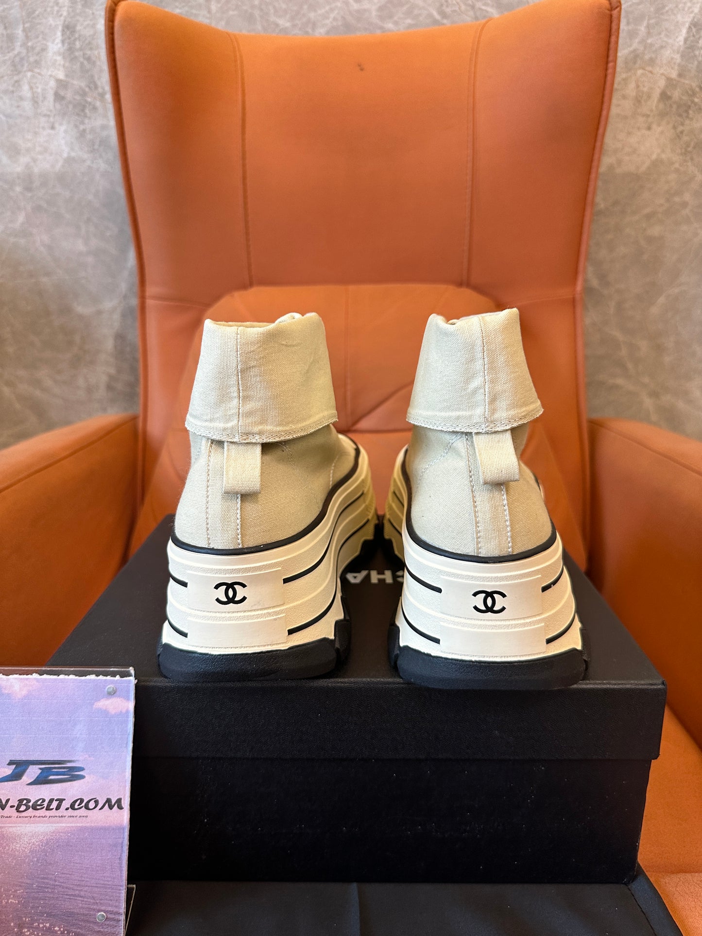 Chanel High Top Platform Sneakers Beige Canvas Shoes