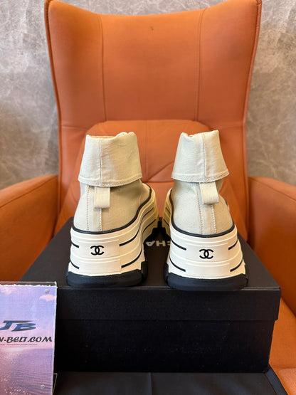 Chanel High Top Platform Sneakers Beige Canvas Shoes