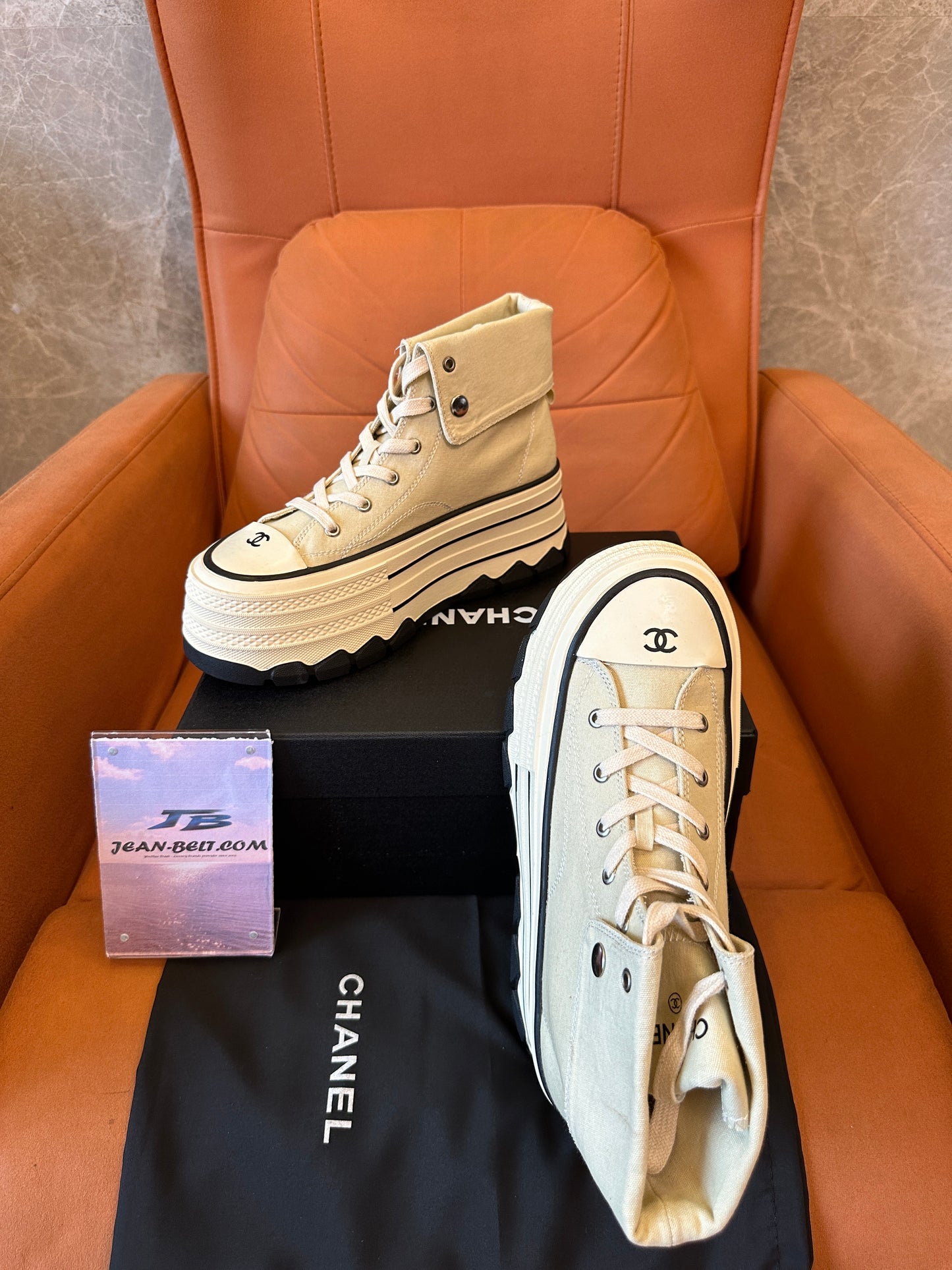 Chanel High Top Platform Sneakers Beige Canvas Shoes