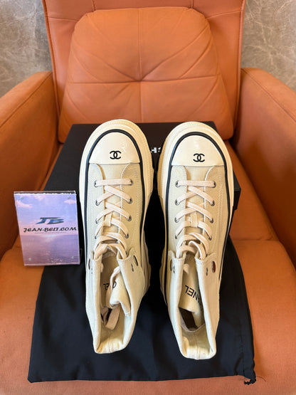 Chanel High Top Platform Sneakers Beige Canvas Shoes