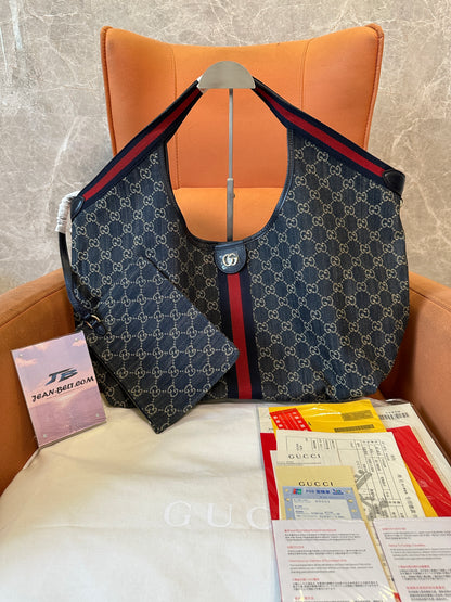 Gucci GG Supreme Denim Shoulder Bag with Pouch